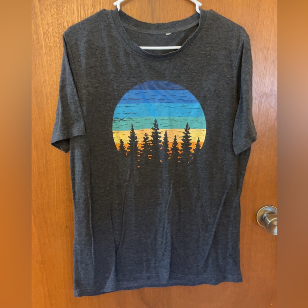 Dark Gray Tee with Forest and Sunset Graphic